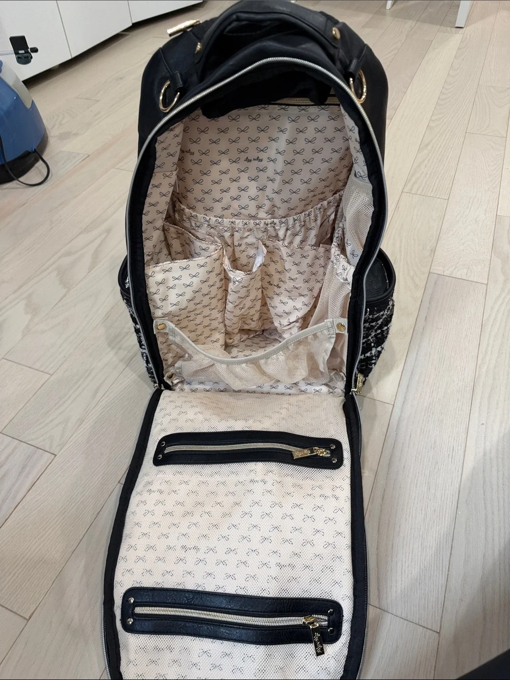 Itzy Ritzy Black & White Tweed Diaper Backpack with Gold Hardware